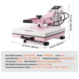 heat press, 15 x 15 inch digital heat press machine, slide out heat transfer machine, fast and even heating, 2 layer insulation cotton, heat transfer machine for t shirts/pillows/bags, pink
