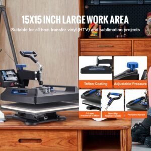 heat press 15x15, upgraded heat press machine 5 in 1, anti scald, fast heating, swing away digital control multifunction heat press for sublimation combo for t shirt hat cap mug plate