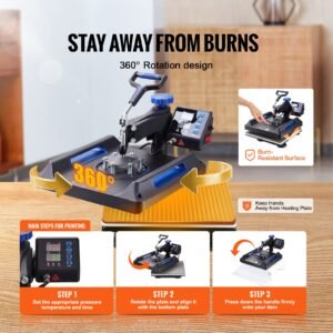 heat press 15x15, upgraded heat press machine 5 in 1, anti scald, fast heating, swing away digital control multifunction heat press for sublimation combo for t shirt hat cap mug plate