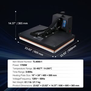 heat press 16x24, 1700w power heat press machine, fast heating, high pressure heat press machine for t shirt, digital industrial sublimation printer for heat transfer vinyl, easy to use, black