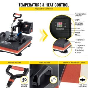 heat press, 5 in 1 15 x 15 inch heat press machine, dual led display heat press machine, multifunctional sublimation, for t shirts, swing away design