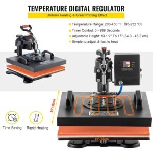 heat press, 5 in 1 15 x 15 inch heat press machine, dual led display heat press machine, multifunctional sublimation, for t shirts, swing away design
