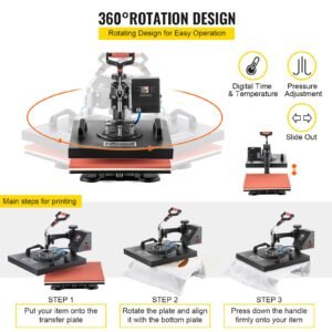 heat press, 5 in 1 15 x 15 inch heat press machine, dual led display heat press machine, multifunctional sublimation, for t shirts, swing away design
