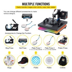 heat press, 5 in 1 15 x 15 inch heat press machine, dual led display heat press machine, multifunctional sublimation, for t shirts, swing away design