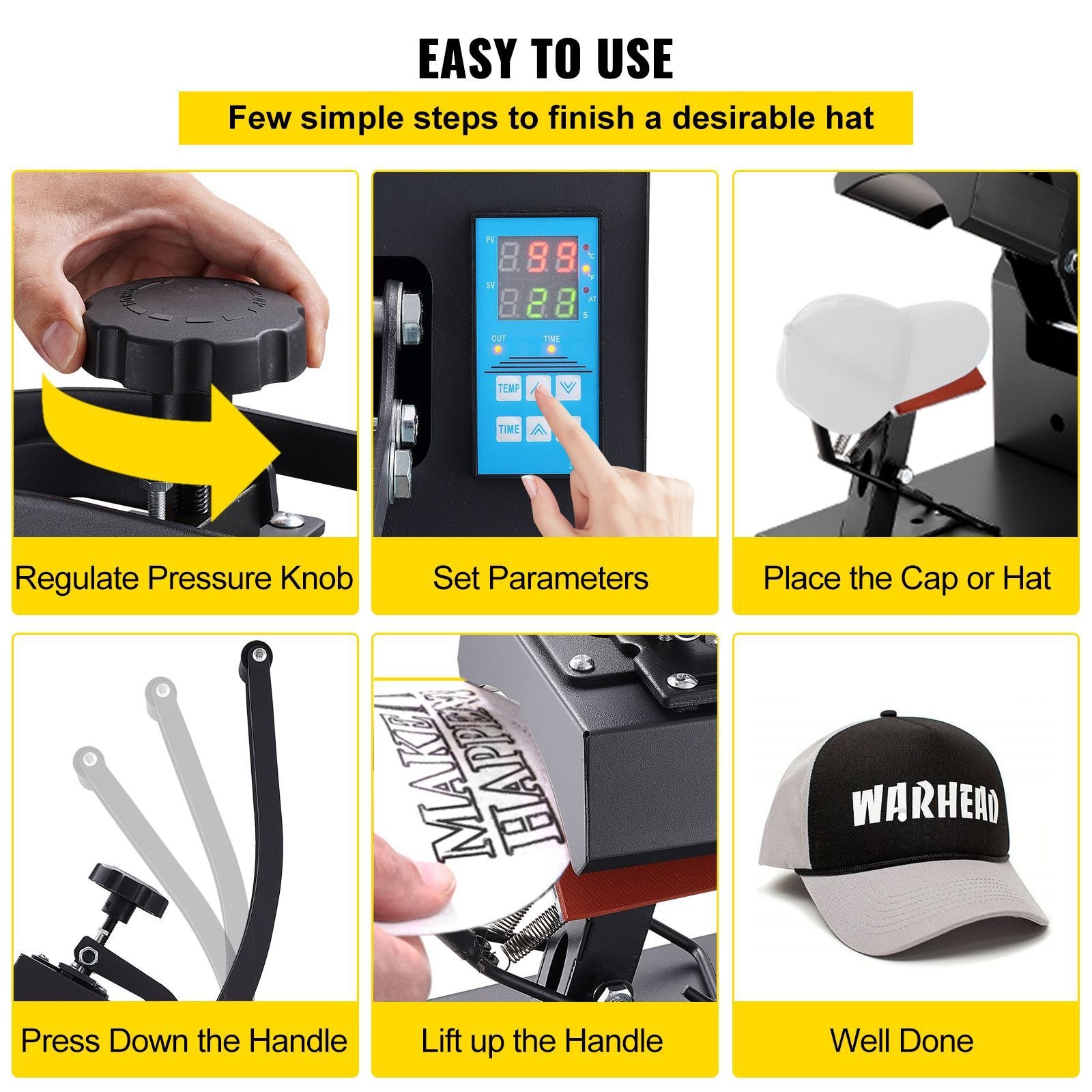 heat press 6x3.75inch curved element hat press clamshell design heat press for hats rigid steel frame no stick digital lcd timer and temperature control (6x3.75inch clamshell design)