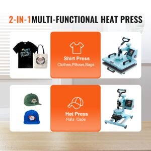 heat press machine, 12 x 15 inch, 2 in 1 heat transfer machine with hat press, 360° swing away t shirt pressing machine, digital precise control, fast even heating for t shirts/hats/caps, green