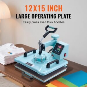 heat press machine, 12 x 15 inch, 2 in 1 heat transfer machine with hat press, 360° swing away t shirt pressing machine, digital precise control, fast even heating for t shirts/hats/caps, green