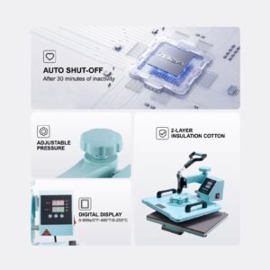 heat press machine, 12 x 15 inch, 2 in 1 heat transfer machine with hat press, 360° swing away t shirt pressing machine, digital precise control, fast even heating for t shirts/hats/caps, green