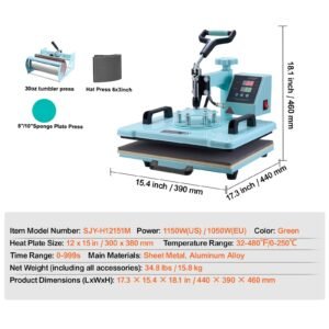 heat press machine, 12 x 15 inch, 5 in 1 heat transfer machine with 30 oz tumbler press, 360° swing away t shirt pressing, digital precise control, for t shirts/mugs/hats/plates, green