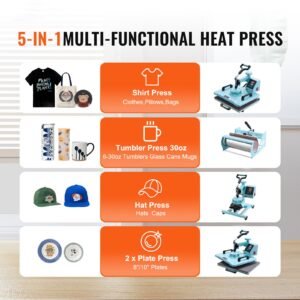 heat press machine, 12 x 15 inch, 8 in 1 heat transfer machine with 6 30 oz tumbler press, 360° swing away t shirt pressing, digital precise control, for t shirts/mugs/hats/plates, green