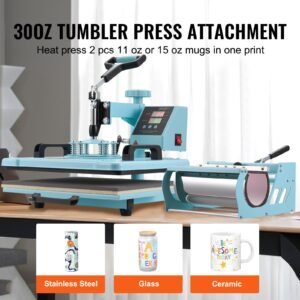 heat press machine, 12 x 15 inch, 8 in 1 heat transfer machine with 6 30 oz tumbler press, 360° swing away t shirt pressing, digital precise control, for t shirts/mugs/hats/plates, green