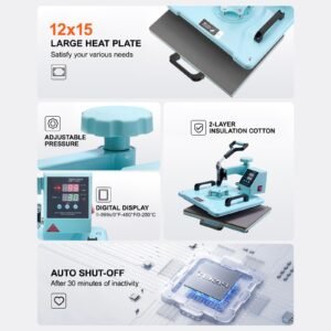 heat press machine, 12 x 15 inch, 8 in 1 heat transfer machine with 6 30 oz tumbler press, 360° swing away t shirt pressing, digital precise control, for t shirts/mugs/hats/plates, green