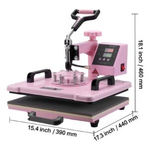 heat press machine, 12 x 15 inch, 8 in 1 heat transfer machine with 6 30 oz tumbler press, 360° swing away t shirt pressing, digital precise control, for t shirts/mugs/hats/plates, pink