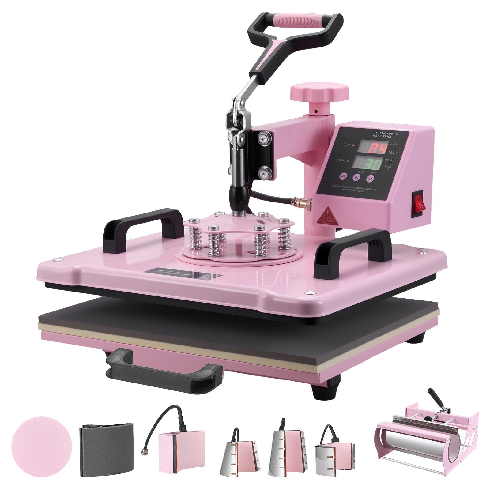 heat press machine, 12 x 15 inch, 8 in 1 heat transfer machine with 6 30 oz tumbler press, 360° swing away t shirt pressing, digital precise control, for t shirts/mugs/hats/plates, pink