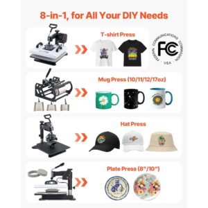 heat press machine, 15 x 15 in, 8 in 1 multifunction, 360° swing away, heat up fast and even, digital precise control, sublimation press machine for t shirts, mugs, tumblers, caps, plates