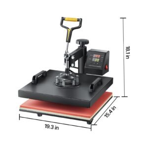 heat press machine, 15 x 15 inch, 2 in 1 heat transfer machine with hat press, 360° swing away t shirt pressing, digital precise control, fast even heating for t shirts/hats/caps, black