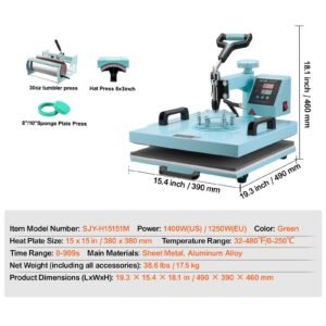 heat press machine, 15 x 15 inch, 5 in 1 heat transfer machine with 30 oz tumbler press, 360° swing away t shirt pressing, digital precise control, for t shirts/mugs/hats/plates, green