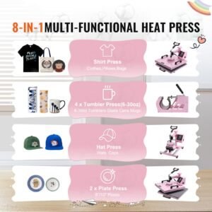 heat press machine, 15 x 15 inch, 5 in 1 heat transfer machine with 30 oz tumbler press, 360° swing away t shirt pressing, digital precise control, for t shirts/mugs/hats/plates, pink