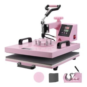 Heat Press Machine, 15 x 15 inch, 5 in 1 Heat Transfer Machine with 30 oz Tumbler Press, 360° Swing Away T-Shirt Pressing, Digital Precise Control, for T-Shirts/Mugs/Hats/Plates, Pink