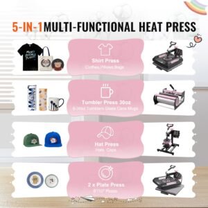 heat press machine, 15 x 15 inch, 8 in 1 heat transfer machine with 30 oz tumbler press, 360° swing away digital t shirt pressing machine, teflon coating, for t shirts/mugs/hats/plates, black