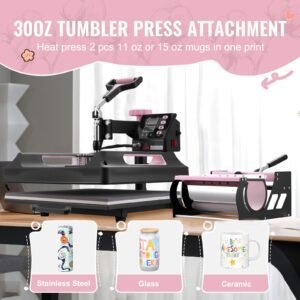 heat press machine, 15 x 15 inch, 8 in 1 heat transfer machine with 30 oz tumbler press, 360° swing away digital t shirt pressing machine, teflon coating, for t shirts/mugs/hats/plates, black