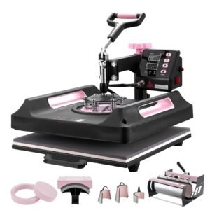 Heat Press Machine, 15 x 15 inch, 8 in 1 Heat Transfer Machine with 30 oz Tumbler Press, 360° Swing Away Digital T-Shirt Pressing Machine, Teflon Coating, for T-Shirts/Mugs/Hats/Plates, Black