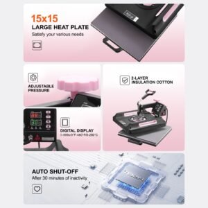 heat press machine, 15 x 15 inch, 8 in 1 heat transfer machine with 30 oz tumbler press, 360° swing away digital t shirt pressing machine, teflon coating, for t shirts/mugs/hats/plates, black