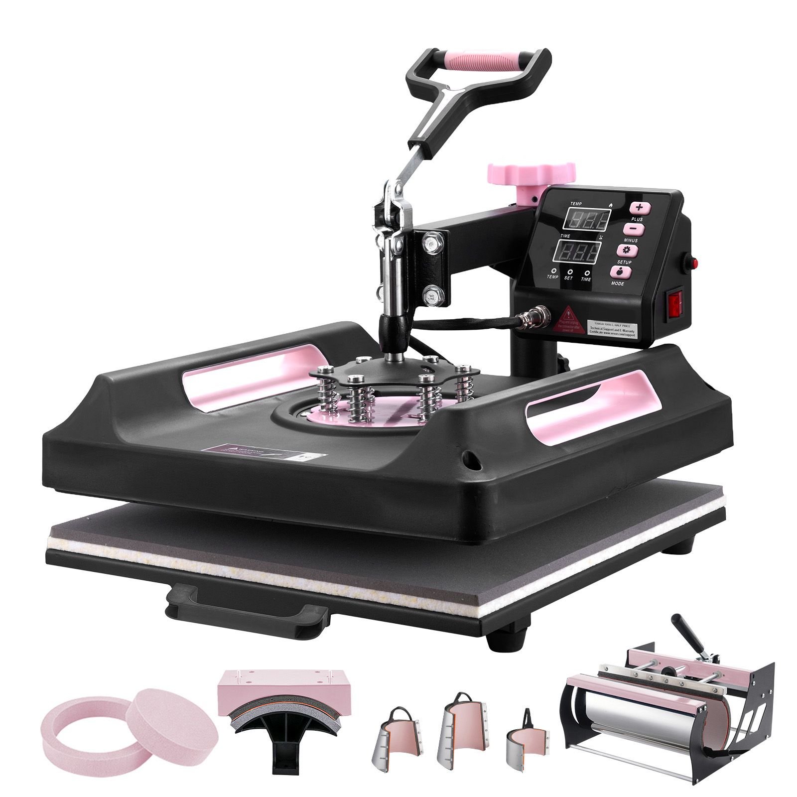heat press machine, 15 x 15 inch, 8 in 1 heat transfer machine with 30 oz tumbler press, 360° swing away digital t shirt pressing machine, teflon coating, for t shirts/mugs/hats/plates, black