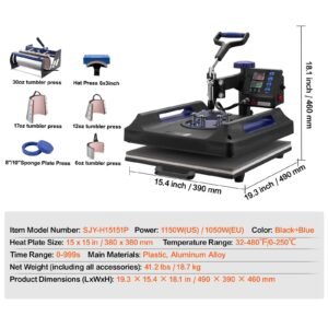 heat press machine, 15 x 15 inch, 8 in 1 heat transfer machine with 30 oz tumbler press, 360° swing away digital t shirt pressing, teflon coating, for t shirts/mugs/hats/plates, black+blue