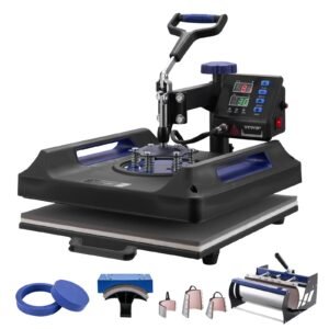 heat press machine, 15 x 15 inch, 8 in 1 heat transfer machine with 30 oz tumbler press, 360° swing away digital t shirt pressing, teflon coating, for t shirts/mugs/hats/plates, black+blue