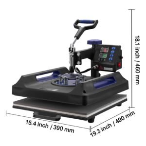 heat press machine, 15 x 15 inch, 8 in 1 heat transfer machine with 30 oz tumbler press, 360° swing away digital t shirt pressing, teflon coating, for t shirts/mugs/hats/plates, black+blue