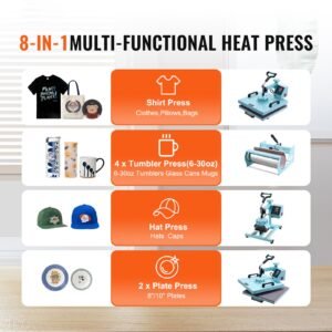 heat press machine, 15 x 15 inch, 8 in 1 heat transfer machine with 6 30 oz tumbler press, 360° swing away t shirt pressing, digital precise control, for t shirts/mugs/hats/plates, green