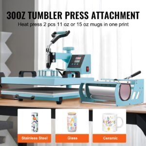 heat press machine, 15 x 15 inch, 8 in 1 heat transfer machine with 6 30 oz tumbler press, 360° swing away t shirt pressing, digital precise control, for t shirts/mugs/hats/plates, green