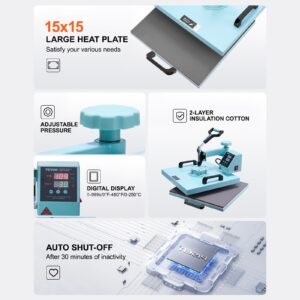 heat press machine, 15 x 15 inch, 8 in 1 heat transfer machine with 6 30 oz tumbler press, 360° swing away t shirt pressing, digital precise control, for t shirts/mugs/hats/plates, green