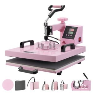 Heat Press Machine, 15 x 15 inch, 8 in 1 Heat Transfer Machine with 6-30 oz Tumbler Press, 360° Swing Away T-Shirt Pressing, Digital Precise Control, for T-Shirts/Mugs/Hats/Plates, Pink