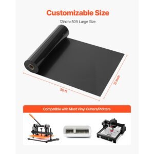 heat transfer vinyl, 12 in x 50 ft, glossy black htv iron on vinyl roll, easy to cut and weed, strong adhesion, compatible with cutting machines, for various materials, t shirts, pillows, hats