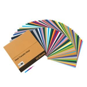 heat transfer vinyl, 50 pack, 12 x 12 in, assorted colors htv iron on vinyl bundle, easy to cut and weed, with accessories, compatible with cutting machines, for various materials, t shirts