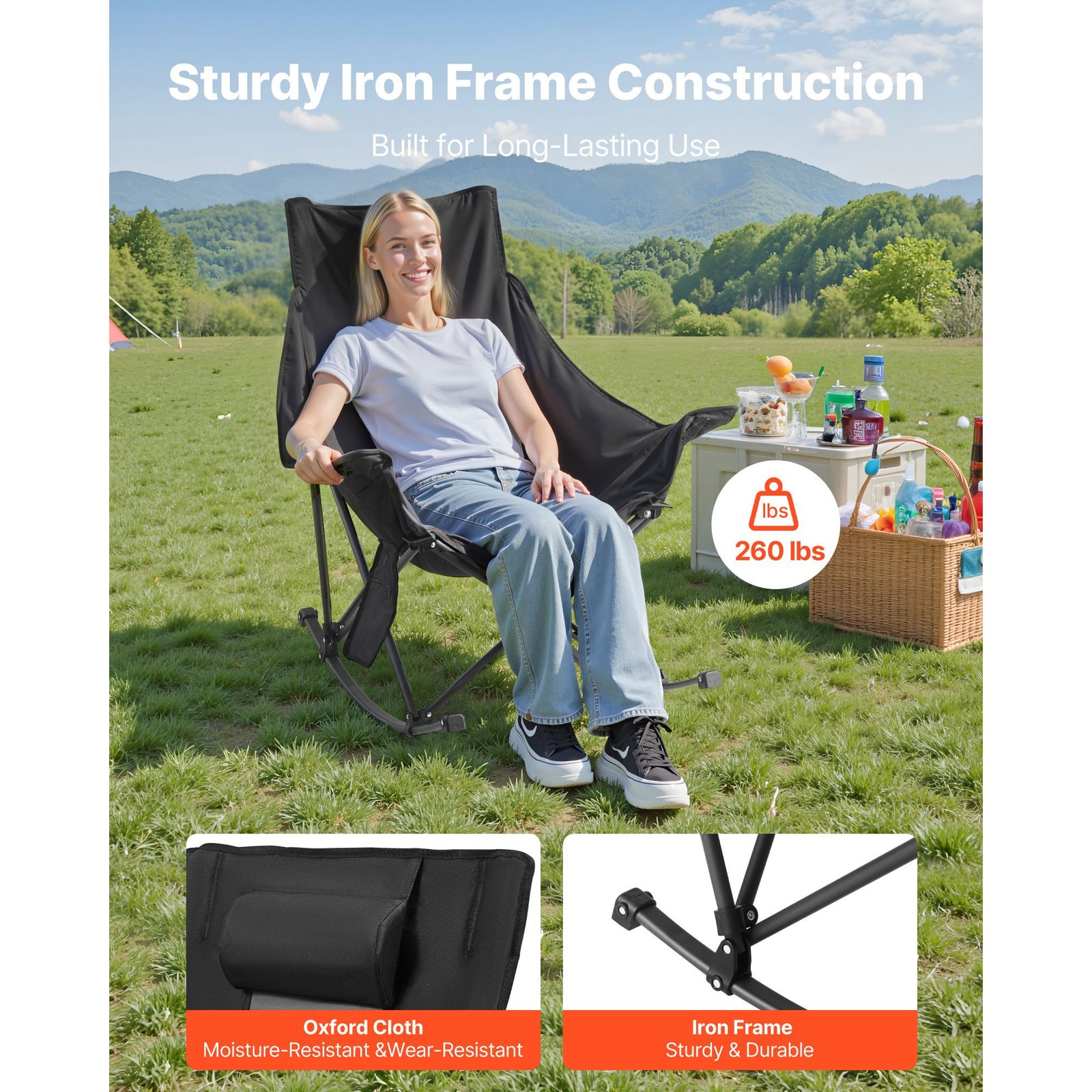 heated camping chair, 3 heating settings, large sized padded folding rocker, heavy duty outdoor lawn chairs with pocket & cupholder, support 225lbs, portable heated chair for sports winter use