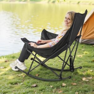 heated camping chair, 3 heating settings, large sized padded folding rocker, heavy duty outdoor lawn chairs with pocket & cupholder, support 225lbs, portable heated chair for sports winter use