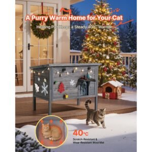 Heated Cat House, Insulated Wooden Cat House for Outdoor Cats, Waterproof Feral Kitty Shelter with Heating Pad, PVC Flap Door & Openable Asphalt Roof for 1-3 Cats in Winter, 34 x 21 x 27 in