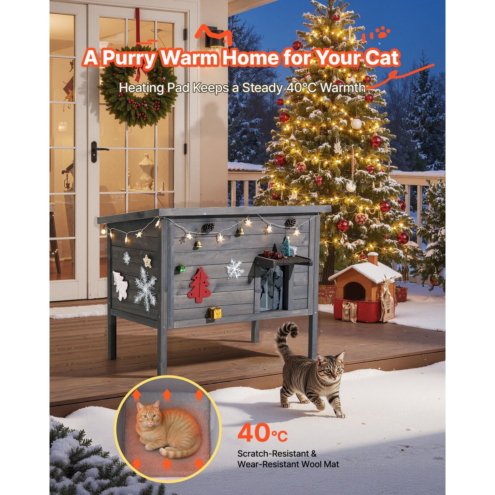 heated cat house, insulated wooden cat house for outdoor cats, waterproof feral kitty shelter with heating pad, pvc flap door & openable asphalt roof for 1 3 cats in winter, 34 x 21 x 27 in