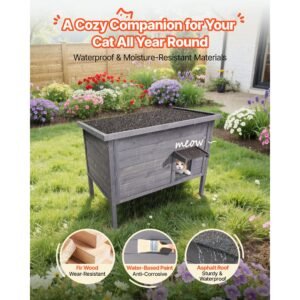 heated cat house, insulated wooden cat house for outdoor cats, waterproof feral kitty shelter with heating pad, pvc flap door & openable asphalt roof for 1 3 cats in winter, 34 x 21 x 27 in
