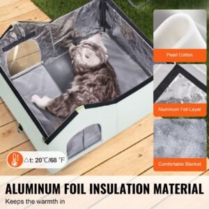 Heated Cat House, Outdoor Kitty Shelter with Adjustable Temperature and Timer, 600D Oxford Cloth Foldable Cat Shelter with Heated Pad for Winter to Stay Warm and Cozy, Green (Large)