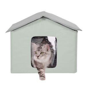 Heated Cat House, Outdoor Kitty Shelter with Adjustable Temperature and Timer, 600D Oxford Cloth Foldable Cat Shelter with Heated Pad for Winter to Stay Warm and Cozy, Green (Middle)