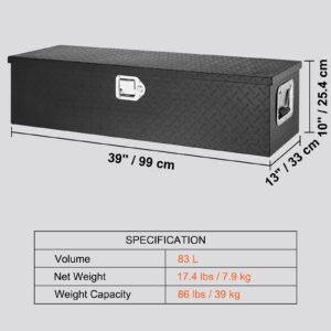 heavy duty aluminum truck bed tool box, diamond plate tool box with side handle and lock keys, storage tool box chest box organizer for pickup, truck bed, rv, trailer, 39"x13"x10", black
