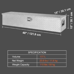 heavy duty aluminum truck bed tool box, diamond plate tool box with side handle and lock keys, storage tool box chest box organizer for pickup, truck bed, rv, trailer, 48"x15"x15", silver