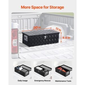 heavy duty aluminum truck bed tool box, stripes plated tool box with side handle and lock keys, storage toolbox chest organizer for trailer, pickup, truck bed, rv, 30"x13"x9.6", black
