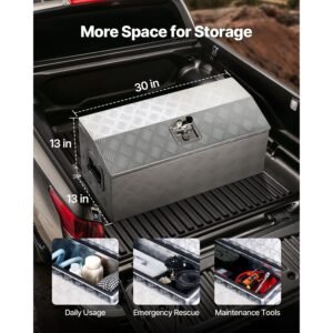 heavy duty aluminum truck bed tool box, stripes plated tool box with side handle and t lock keys, storage toolbox chest organizer for trailer, pickup, truck bed, rv, 30"x13"x13", silver
