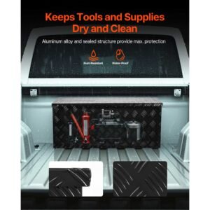 heavy duty aluminum truck bed tool box, stripes plated tool box with sliding shelf, side handle, lock & keys, storage toolbox chest for trailer, pickup, truck bed, rv, 35.4"x14.6"x14.6", black