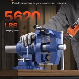 heavy duty bench vise, 6 1/2" jaw width, 5" max jaw opening multi purpose ductile iron bench vise with anvil, 360° swivel base head, 3" throat, 5620 lbs clamp force